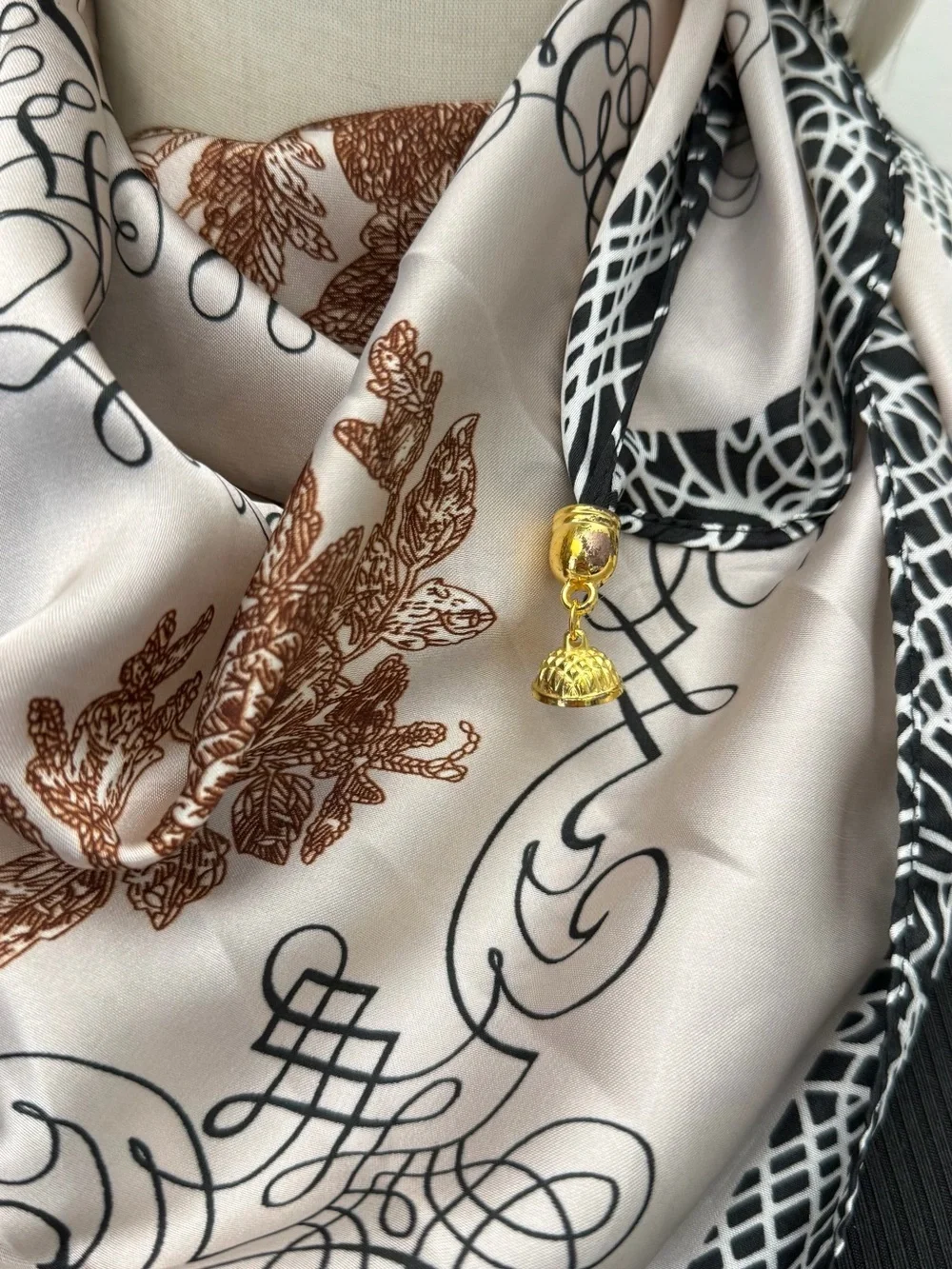 Luxury Satin Scarf with Magnetic Clasp, Floral & Abstract Print Silk Feel
